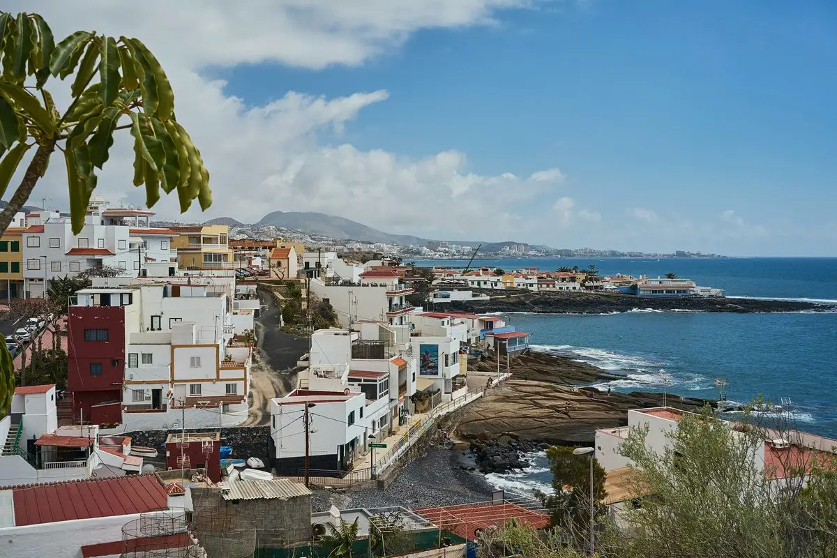 Coastal town and Atlantic shoreline on Tenerife, Spain