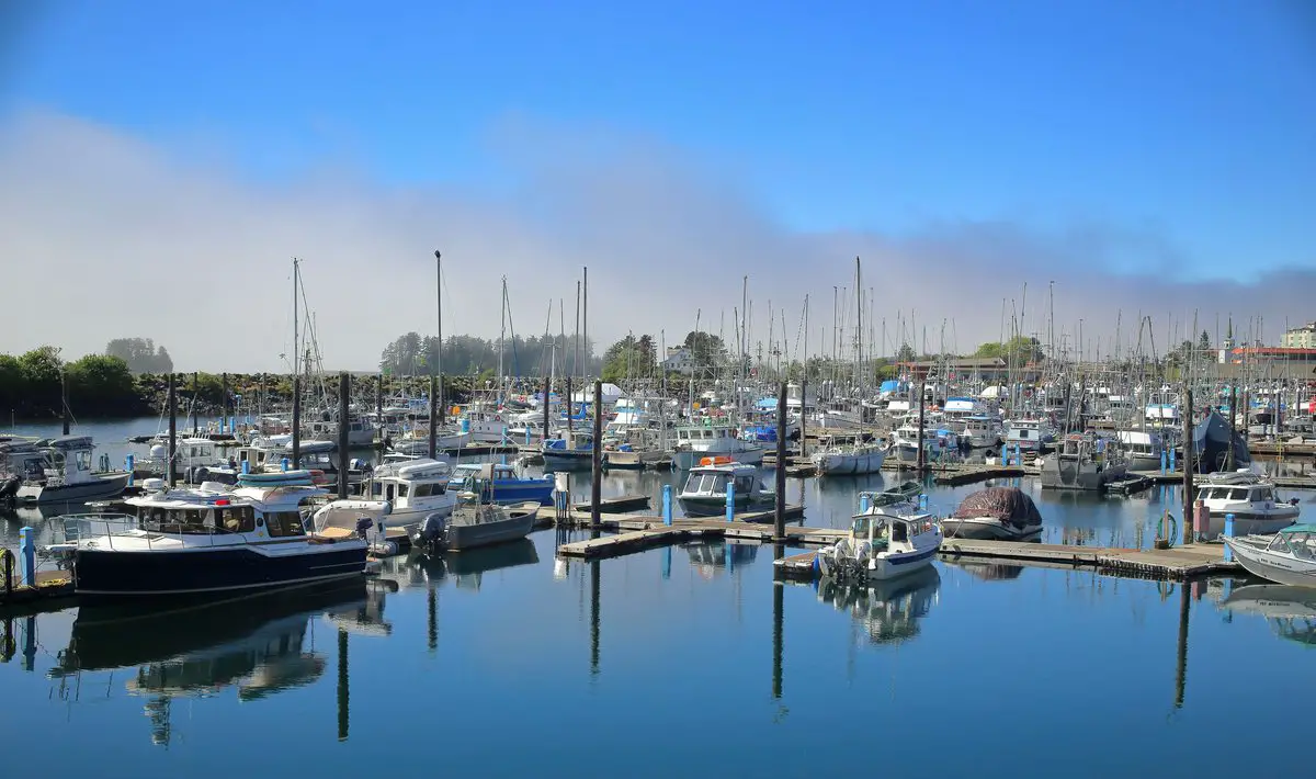 Boats moored in Sitka harbour, Alaska.