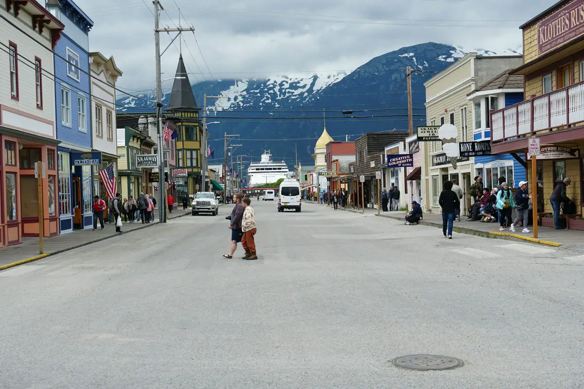 Historic storefronts along the main street in Skagway, Alaska.