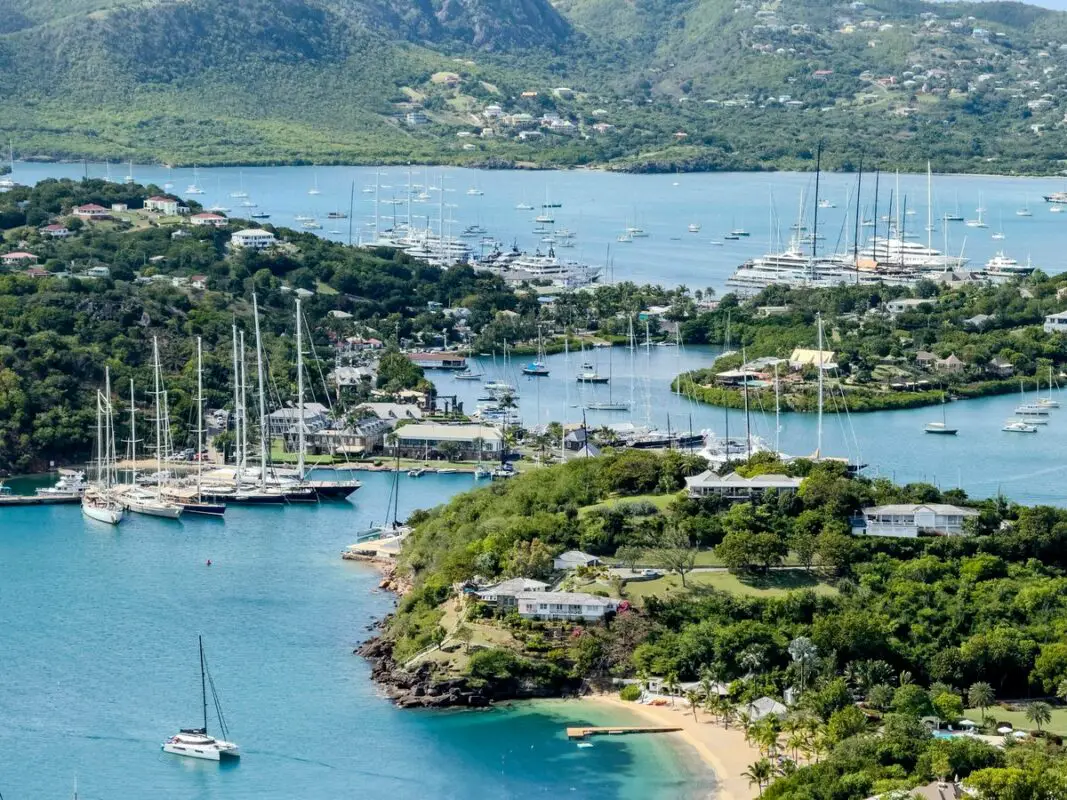English Harbour on Antigua, with moored sailing yachts