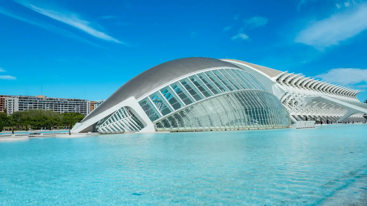 City of Arts and Sciences beside a reflecting pool in Valencia, Spain